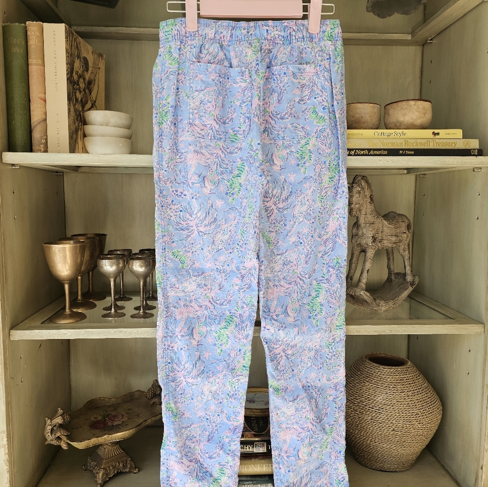 Lilly Pulitzer 100% Linen Floral Trouser Blue Peri Turtle Package Pants - Picture 10 of 12